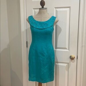 Vintage Rescala 100% Linen pearls dress back zipper lined knee length women’s 4